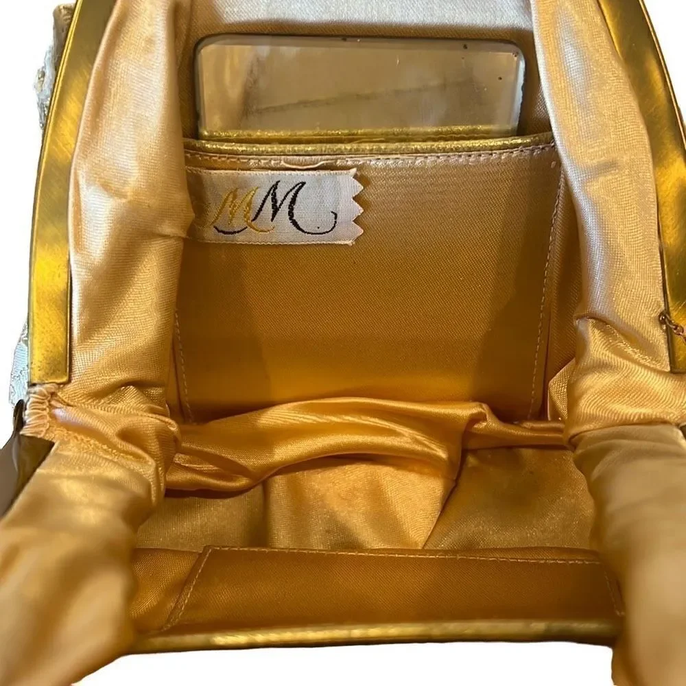 RARE Vintage MM Gold Tone Evening Bag Purse & Long Gloves
